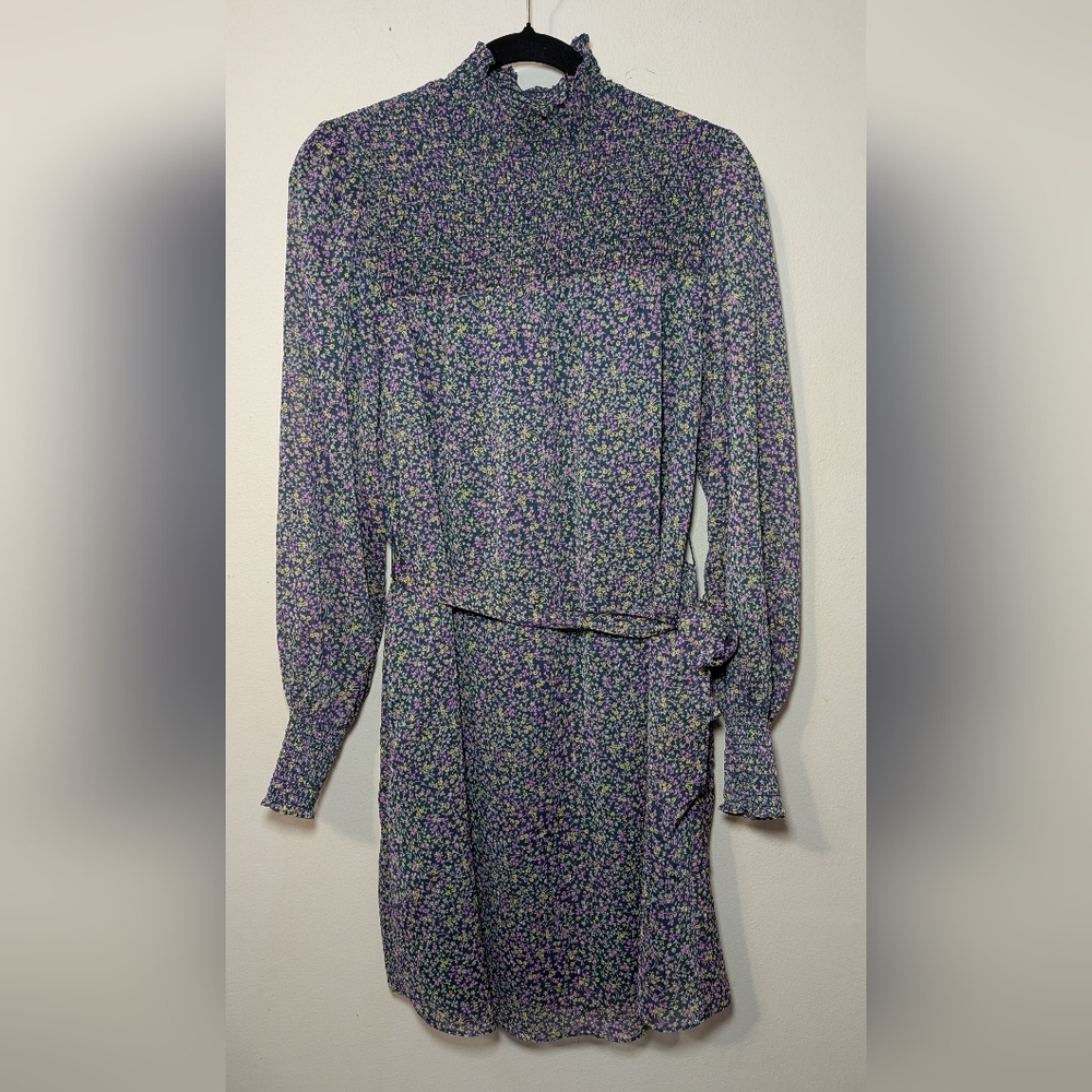 Boden Smocked Yoke Metallic Mini Dress Navy Purple Floral NEW Women's Size 8
